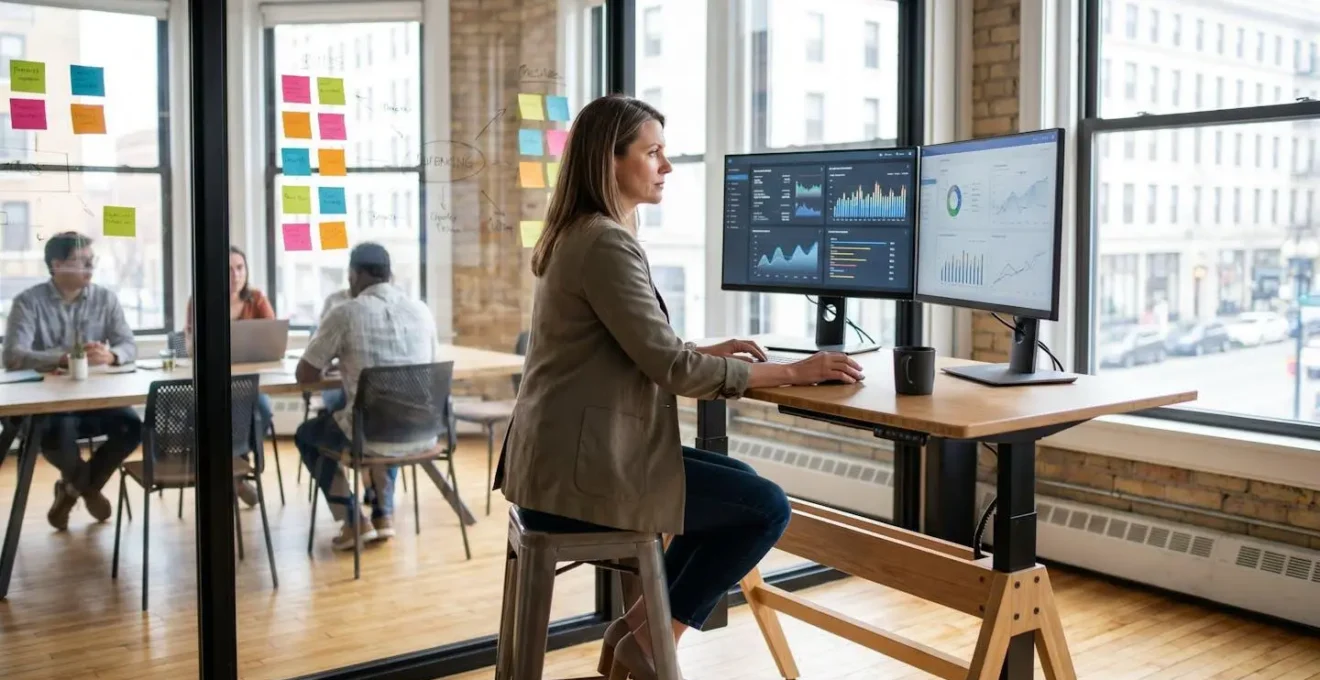 Un entrepreneur qui examine un tableau de bord d'analyse web sur deux écrans, entouré de post-its stratégiques dans un espace de coworking