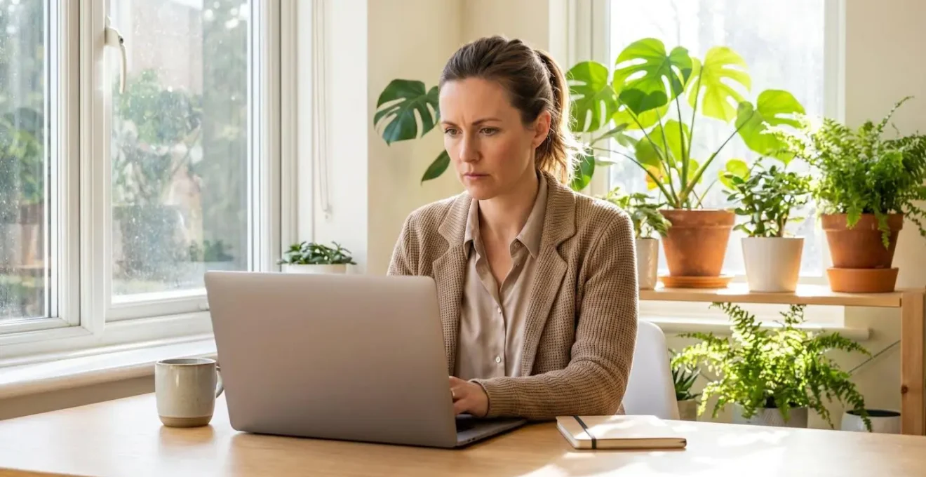 Une femme auto-entrepreneur qui consulte les performances de son site sur un ordinateur portable avec une expression concentrée, dans un bureau à domicile lumineux