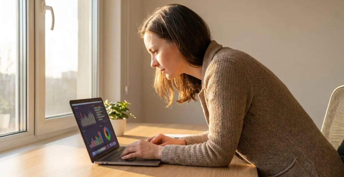 Un professionnel en reconversion, assis devant un écran, qui analyse des données de trafic organique dans un espace de travail lumineux