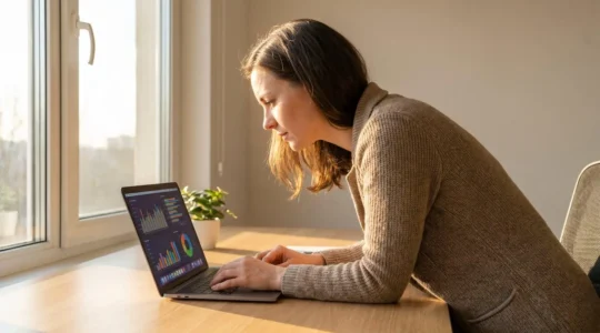 Un professionnel en reconversion, assis devant un écran, qui analyse des données de trafic organique dans un espace de travail lumineux